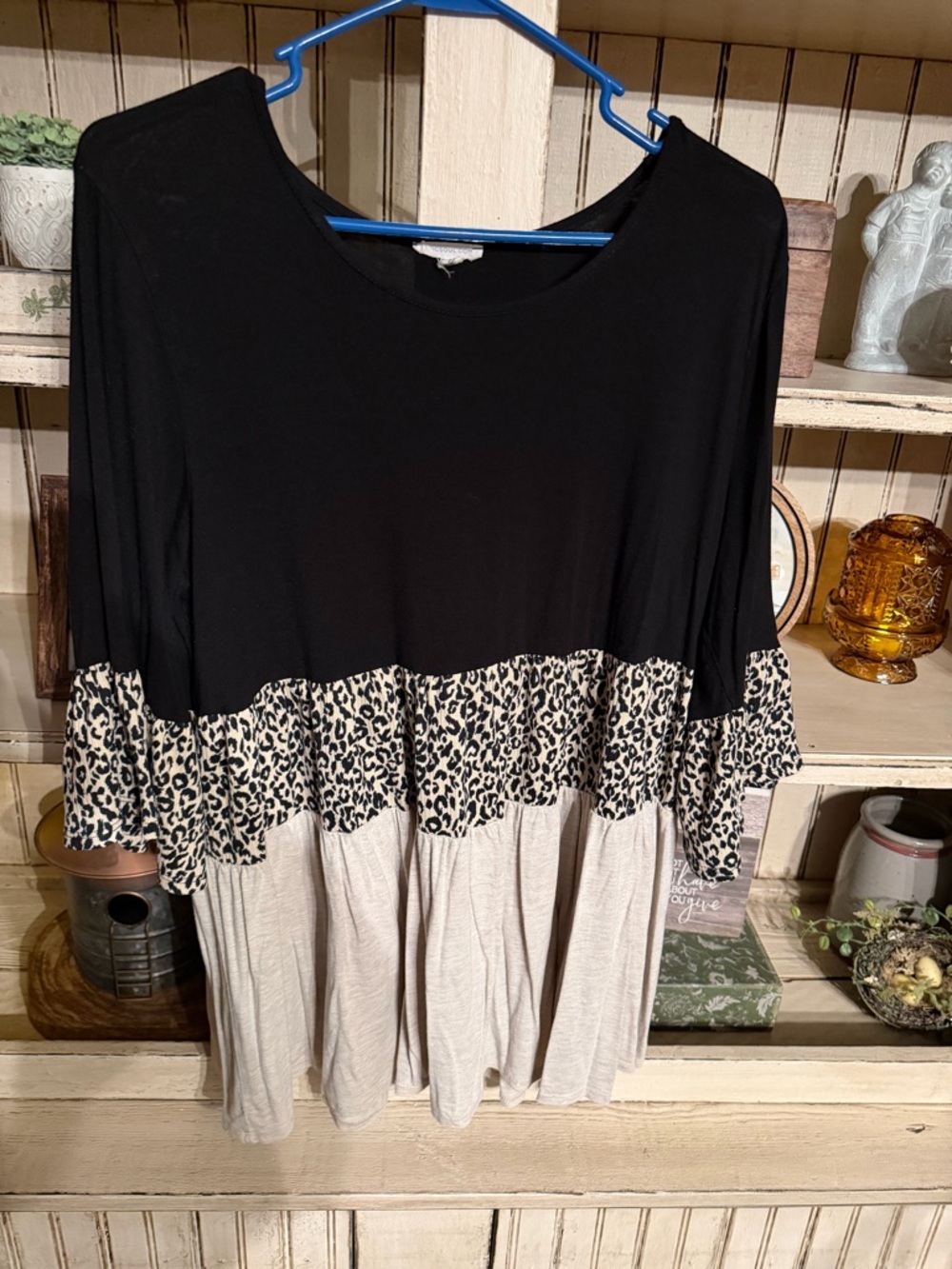 Black, Leopard & Cream Colorblock Ruffle Hem Women's Top
